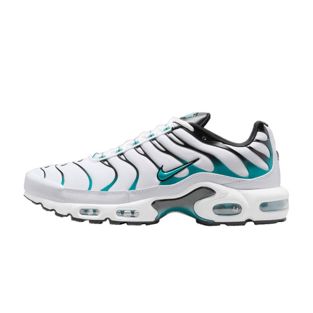 White and teal sneaker with black accents on a white background